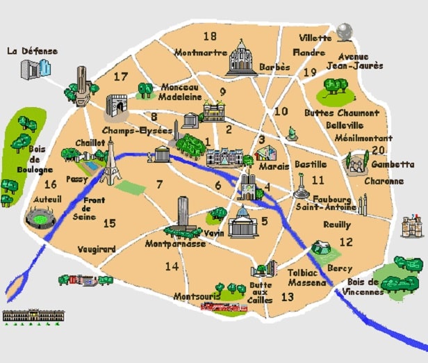 que-savoir-avant-de-visiter-Paris-carte-arrondissements-avecposition-monuments-principaux